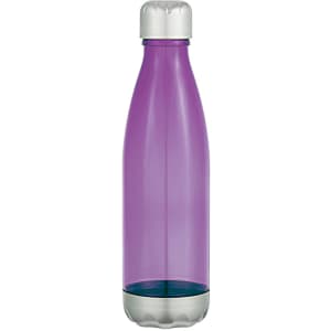 A drink bottle featuring a purple body and a silver cap, with a blue base and a logo.