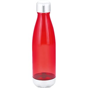 A drink bottle in bright red with a silver cap and base, featuring a sleek, streamlined design.