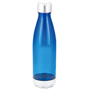 A drink bottle in transparent blue with a silver metallic top and a white base. It features a logo.