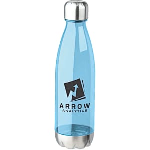 A drink bottle in clear blue with a stainless steel cap and a logo on the front.