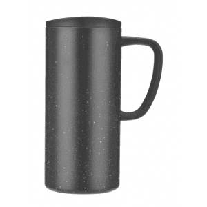 A drink bottle in black with a speckled design and a handle, featuring a lid and a logo.