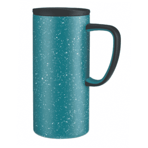 A teal travel mug with a speckled finish and a black handle and lid. It features a logo on its surface.