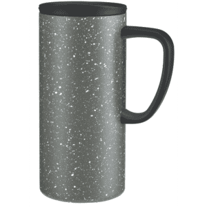 A drink bottle featuring a speckled grey design with a black handle and lid. It has a logo on the surface.