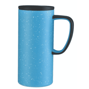 A travel mug in a light blue speckled design with a black handle and lid. It features a logo.