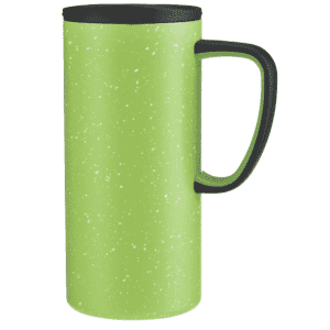 A travel mug in a speckled green finish with a black lid and handle. It features a logo on the body.