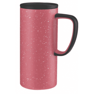 A travel mug in a pink speckled design with a black handle and lid, featuring a logo.