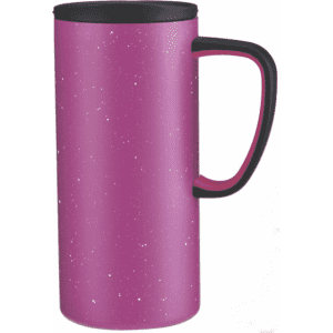 A drink bottle in vibrant pink with a black lid and handle, featuring a speckled design and a logo.