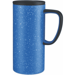 A drink bottle in a speckled blue finish with a black lid and handle, featuring a logo.