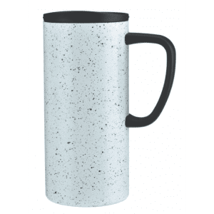 A travel mug in a speckled light blue finish with a black handle and lid, featuring a logo.