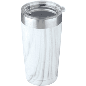 A coffee mug in a marble design, featuring a stainless steel rim and a clear lid. Includes a logo.
