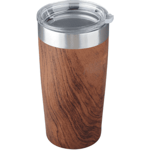 A drink bottle featuring a wooden finish with a stainless steel band and a clear lid.