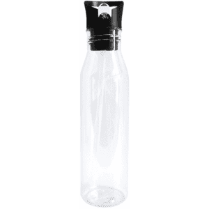 A drink bottle made of clear plastic with a black lid and spout, featuring a sleek, minimalist design.
