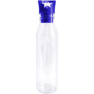 A drink bottle with a transparent body and a blue lid, featuring a logo on the lid.
