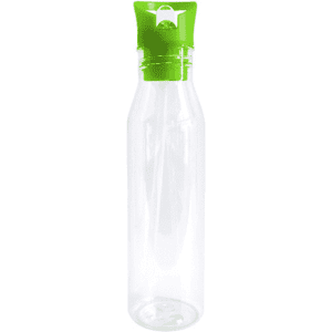 A drink bottle with a transparent body and a bright green cap, featuring a logo on the cap.
