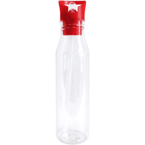 A drink bottle with a transparent body and a red lid. It features a logo on the lid.