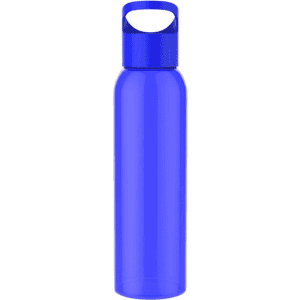 A drink bottle in a vibrant blue colour with a cap and handle, featuring a branding logo.