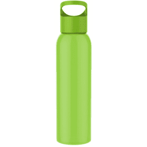 A drink bottle in bright green, featuring a handle and a sleek design with a branding logo.
