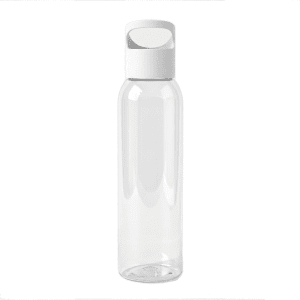 A drink bottle in transparent with a silver lid, featuring a handle for easy carrying and a simple design.