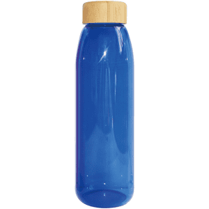 A drink bottle in vibrant blue with a bamboo lid. It features a sleek, modern design and has a logo.