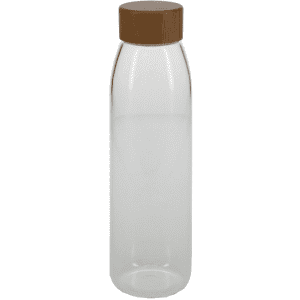 A drink bottle with a clear body and a brown, wooden-style lid. It has a minimalist design and a logo.