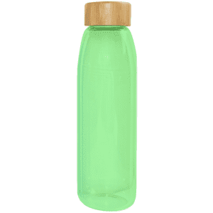 A drink bottle in a translucent green hue with a light wooden cap and a simple design.