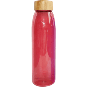 A drink bottle in gradient pink with a bamboo lid. It has a sleek, modern design and features a logo.
