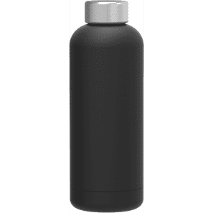 A drink bottle in matte black with a silver cap and a sleek, cylindrical design.
