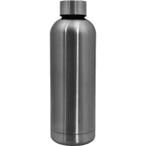 A drink bottle with a sleek silver stainless steel finish and a screw-on cap. Features a minimalistic design.