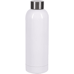 A drink bottle in glossy white with a silver stainless steel lid and a sleek, modern design.