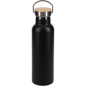 A drink bottle in matte black with a stainless steel lid and wooden accent. Features a handle for easy carrying.
