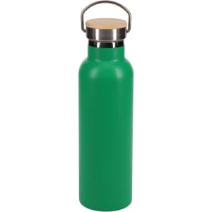 A drink bottle in vibrant green with a stainless steel lid and a wooden handle. It features a logo.