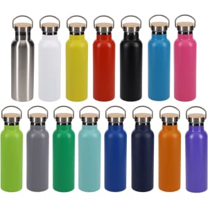 A drink bottle collection featuring various colours, including stainless steel, white, yellow, red, black, pink, and more. Each has a lid.
