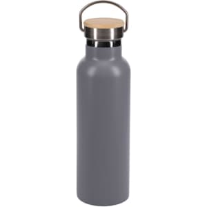A drink bottle in grey with a stainless steel neck and a wooden lid, featuring a handle.