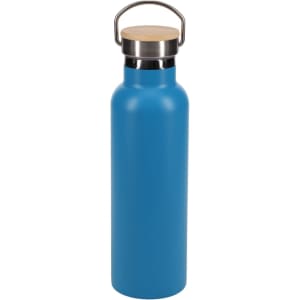 A drink bottle in bright blue with a stainless steel neck and wooden lid, featuring a logo.