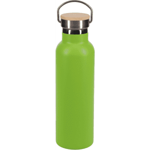 A drink bottle in bright green with a stainless steel cap and a wooden top. It features a logo.