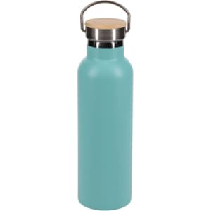 A drink bottle in a teal colour with a stainless steel lid and wooden accent. It features a handle and a smooth finish.