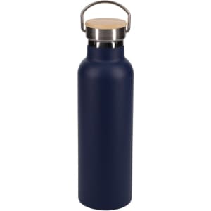 A drink bottle in navy blue with a stainless steel cap and a wooden top. Features a sleek design and a logo.
