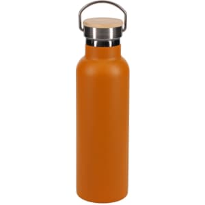 A drink bottle in matte orange with a stainless steel lid and a wooden top handle. It features a logo.