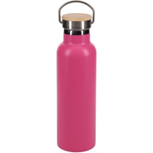 A drink bottle in vibrant pink with a stainless steel cap and a wooden handle, featuring a simple logo.
