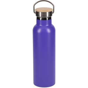 A drink bottle in vibrant purple with a stainless steel lid and a wooden top handle.