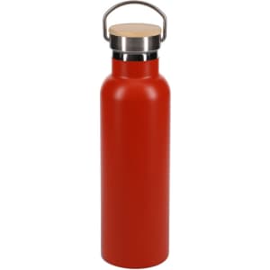 A drink bottle in vibrant red with a stainless steel lid and a bamboo top. It features a handle for easy carrying.