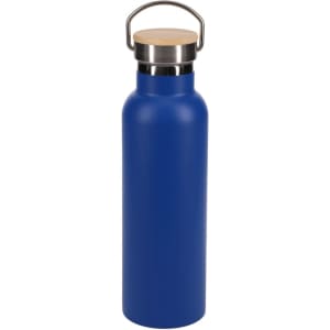 A drink bottle in matte blue with a stainless steel and bamboo lid, featuring a sleek design and a logo.
