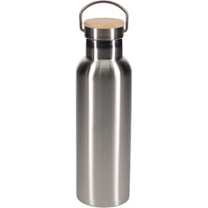 A drink bottle in stainless steel with a wooden lid and metal handle, featuring a sleek, modern design.