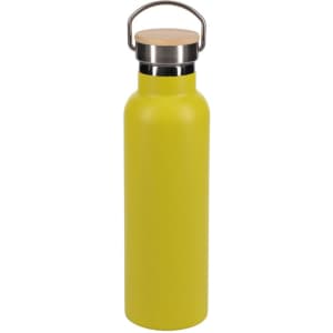 A drink bottle in vibrant yellow with a stainless steel lid and wooden handle; features a logo.