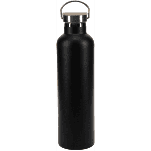 A drink bottle in matte black with a stainless steel cap and wooden accent. It features a logo on the front.