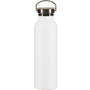 A drink bottle in white with a silver-coloured lid and a handle, featuring a logo.