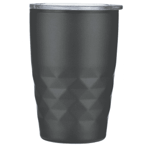 A drink bottle in a matte black finish with a textured diamond pattern and a clear lid. Includes a branding logo.