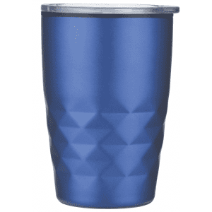 A coffee mug in a matte blue finish with a geometric design and a transparent lid.