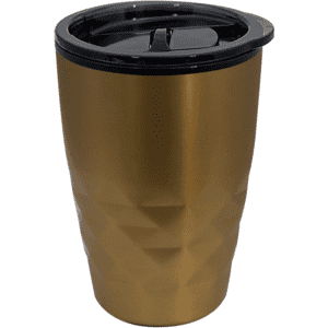 A coffee mug in a metallic gold colour with a textured design and a black lid. Features a logo.