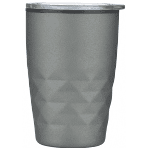 A grey coffee mug with a textured geometric design and a clear lid, featuring a logo.